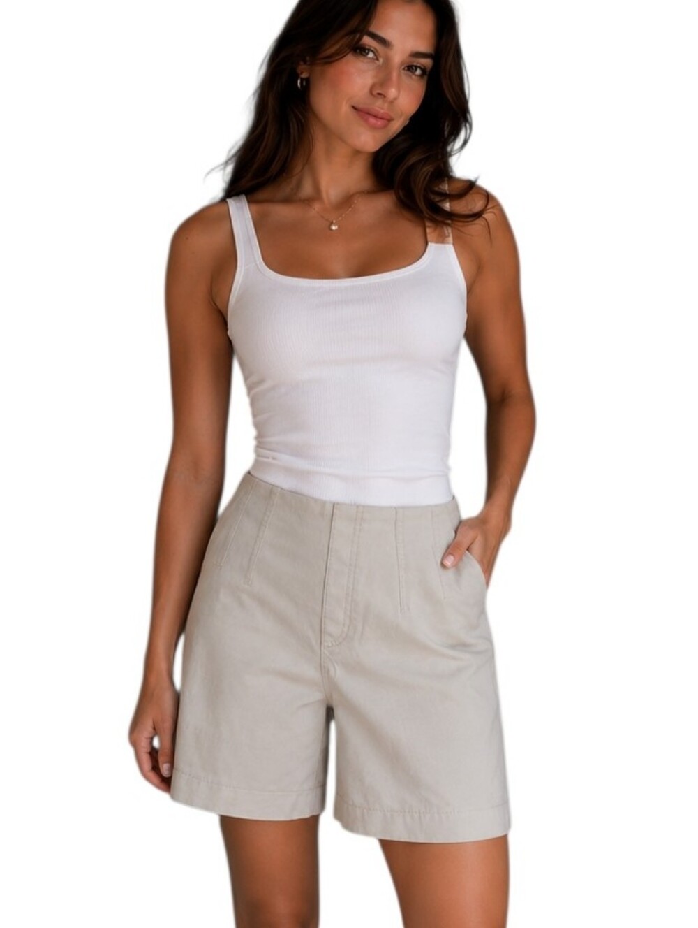 SPANX Stretch Twill High Rise Tailored Shorts Beige Size Medium